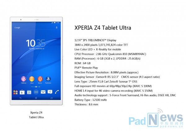 Sony Xperia Z4 tablet Ultra: trapelate le caratteristiche del tablet 