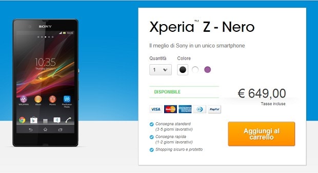 Da oggi è possibile acquistare il Sony Xperia Z sullo store Sony Italia