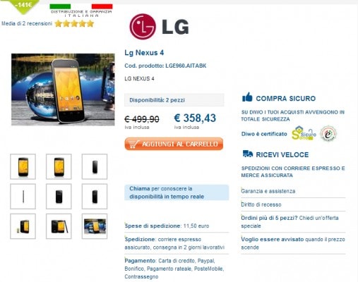 Nexus 4 con garanzia Italia a soli 358€