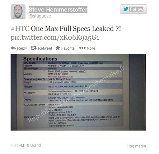 tweet htc one max specs