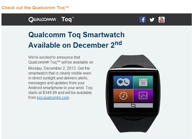 Qualcomm Toq: nuovo smartwatch direttamente da Qualcomm