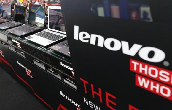 Lenovo's laptop PCs are displayed at an electronic shop in Tokyo