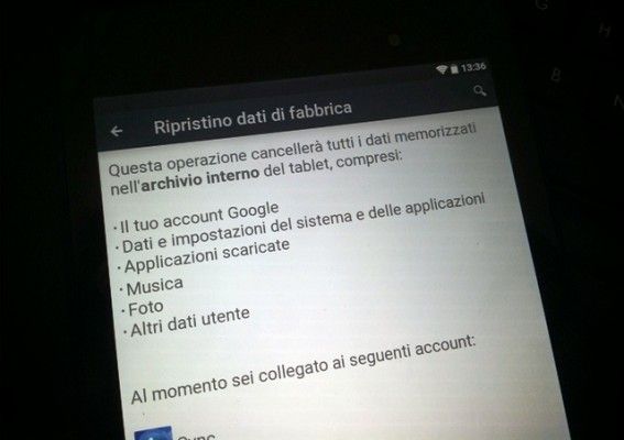 reset ai dati di fabbrica
