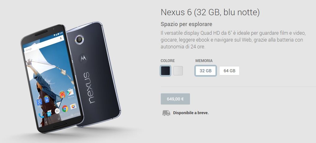 Nexus 6 arriva nel Play Store Italiano