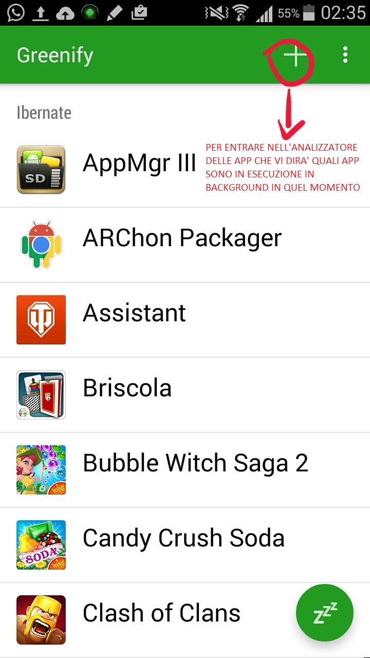 entrare ne menu delle app da ibernare