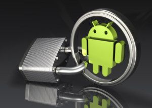 3d illustration of a large padlock attached to a metallic green and silver Google Android logo over a dark reflective surface