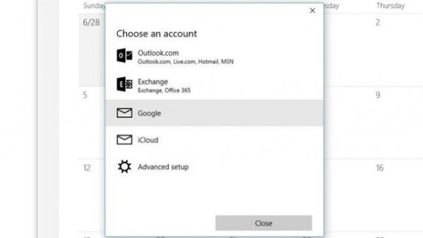 Windows 1o, elenco calendari per sincronizzazione