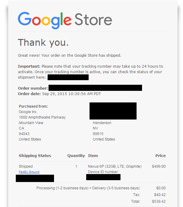 Nexus 6P ricevuta ordine
