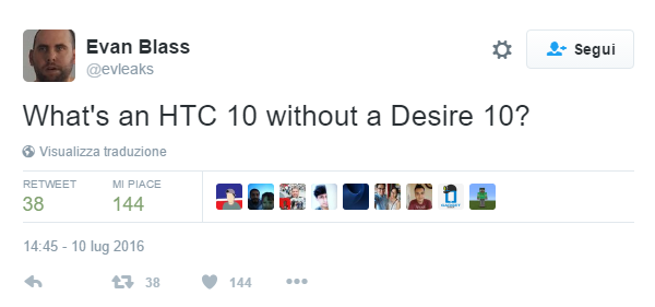 Il tweet di Evan Blass relativo a Desire 10