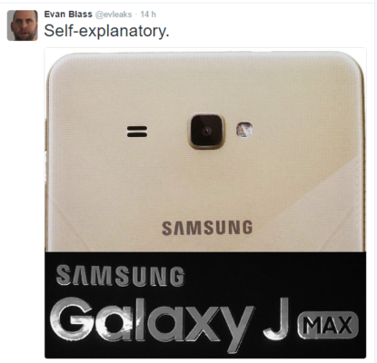 Il tweet di Evan Blass riguardante il Galaxy J Max