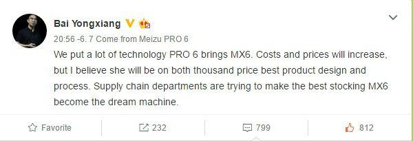 Il tweet del co-fondatore di Meizu riguardate il prezzo di MX6