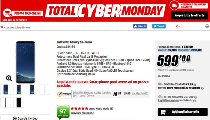 Samsung Galaxy S8 Plus in super offerta per il Cyber Monday di MediaWorld: solo 599 euro