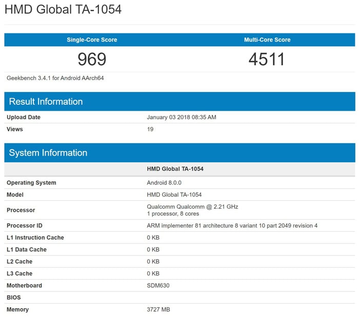 Nokia 6 (2018) su GeekBench