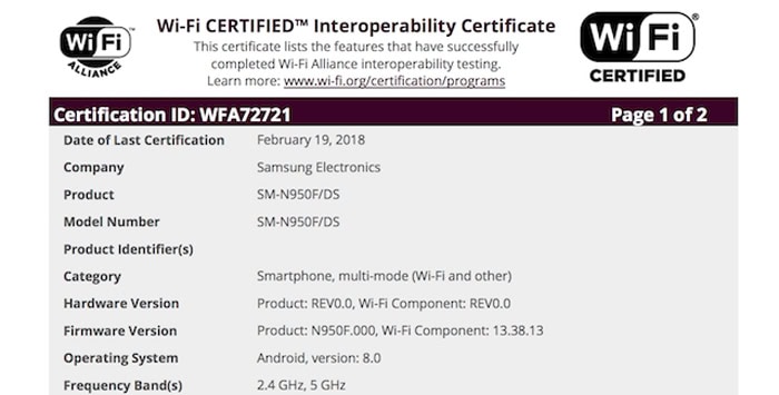 Samsung Galaxy Note 8 con certificazione WiFi Alliance