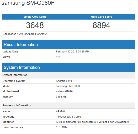 Samsung Galaxy S9 Exynos 9810 benchmark
