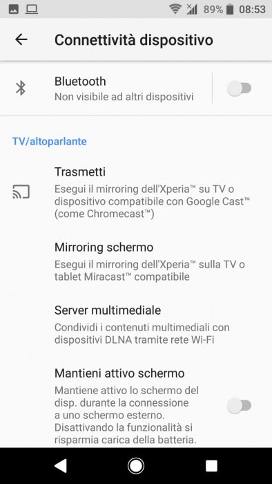 menu connettività Xperia XZ1