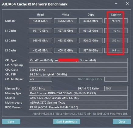 AMD Ryzen 7 CPU AIDA test latenza