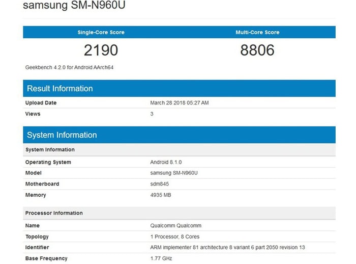 Samsung Galaxy Note 9 su GeekBench