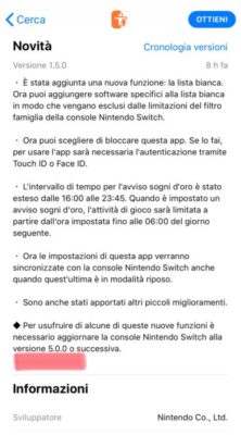 changelog iOS Filtro Famiglia Nintendo Switch