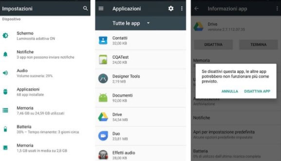 disattivare applicazioni Android