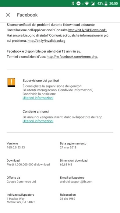 play store info primo rilascio Facebook play store info primo rilascio Facebook