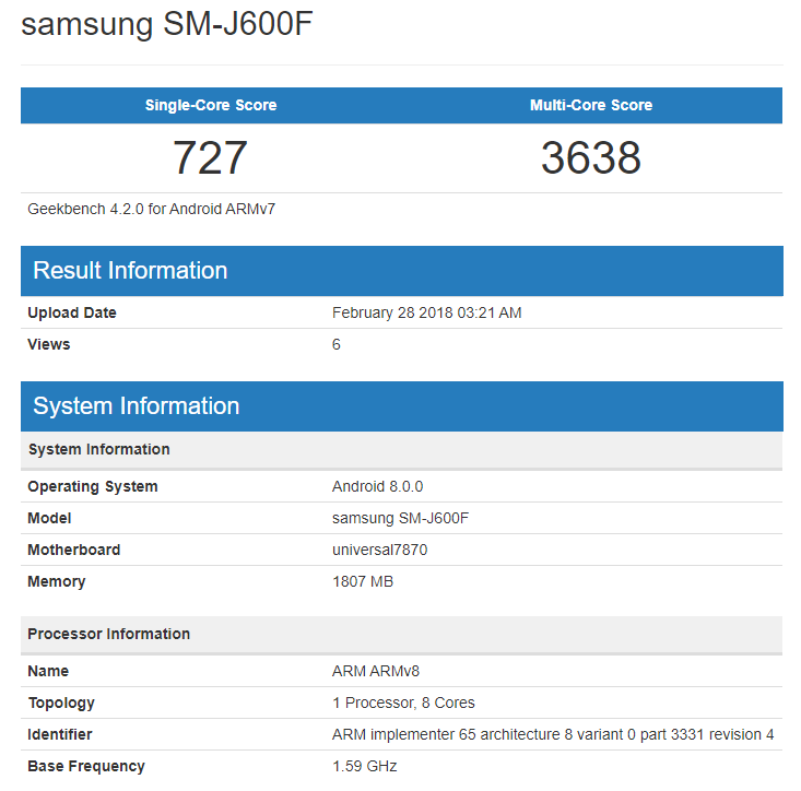 Samsung Galaxy J6 benchmark