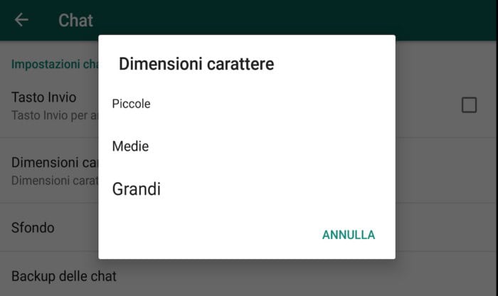 dimensione carattere Whatsapp