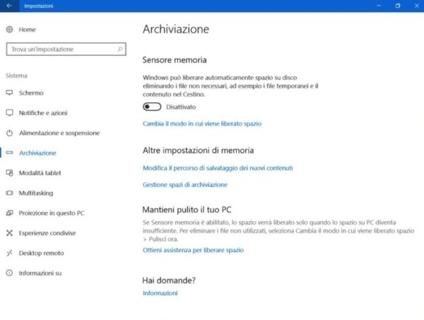 gestione memoria Windows 10