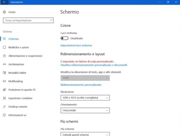 luce notturna Windows 10