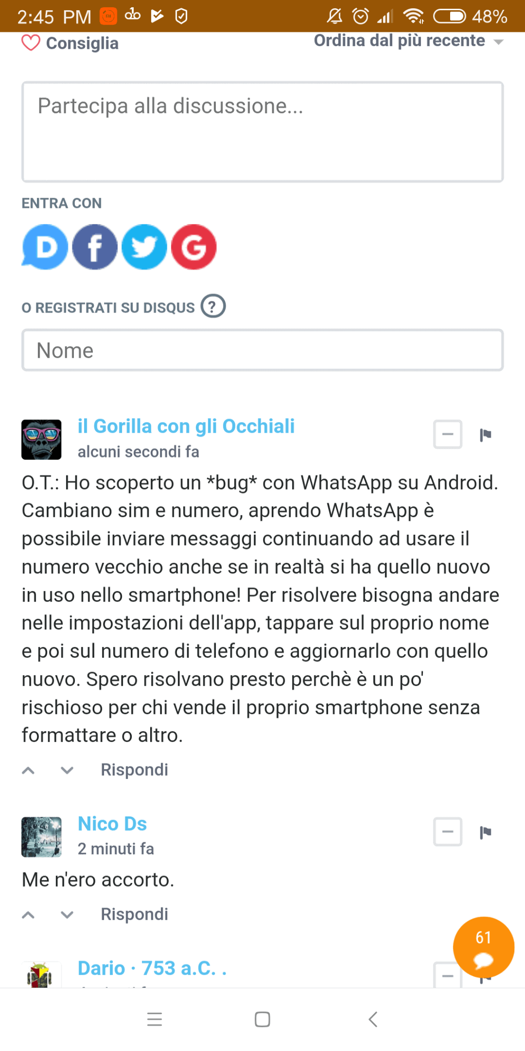 bug di Whatsapp