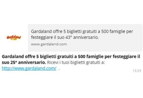 Gardaland messaggio truffa Whatsapp