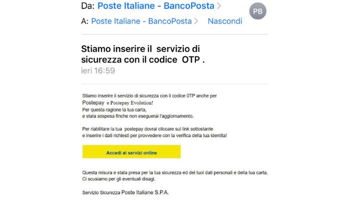 PostePay: l'ultima mail richiede di riabilitare la carta ma è solo una truffa