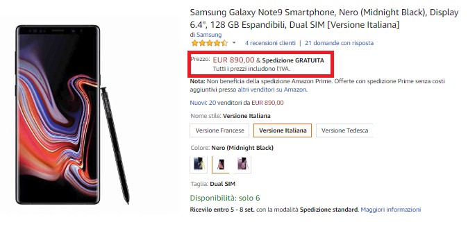offerta Amazon Note 9