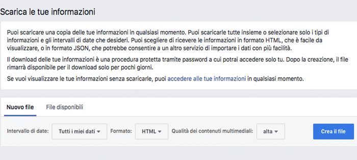 Facebook, come scaricare le informazioni personali