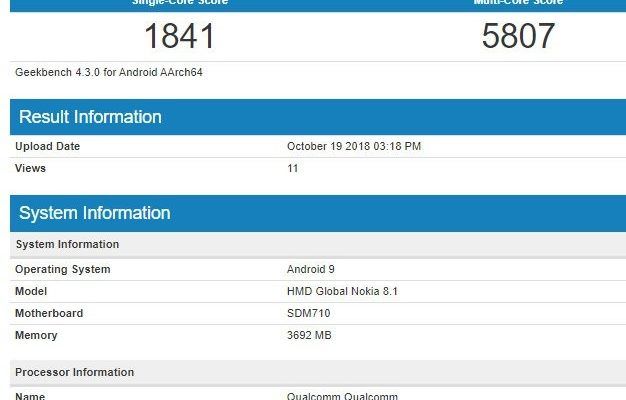 Nokia 8.1 geekbench