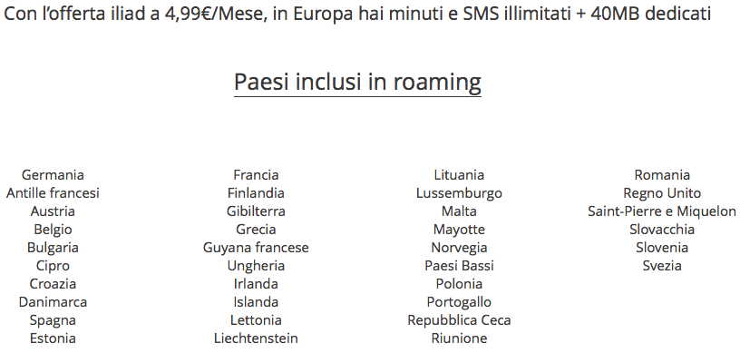 Iliad Voce paesi roaming