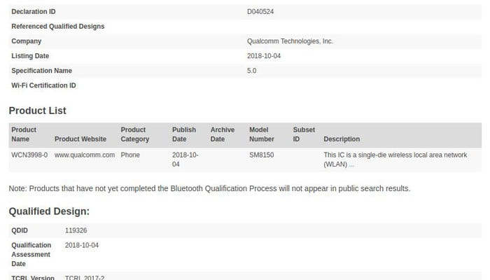 Snapdragon 8150 certificato Bluetooth SIG