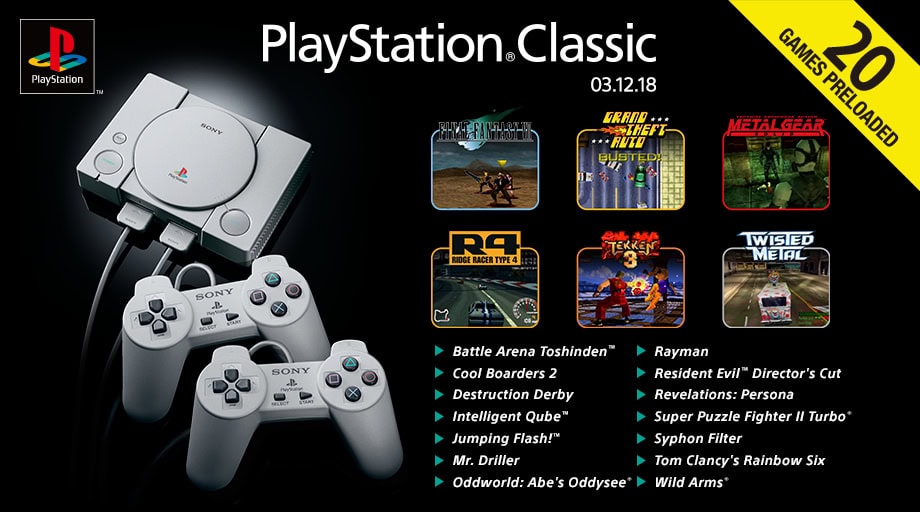 PlayStation Classic: annunciati i 20 titoli dei giochi che saranno inclusi con la console