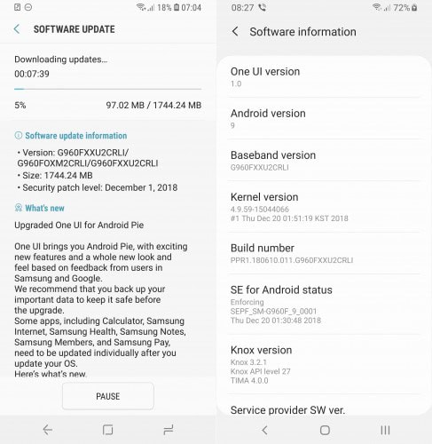 Galacy S9 Android Pie Italia
