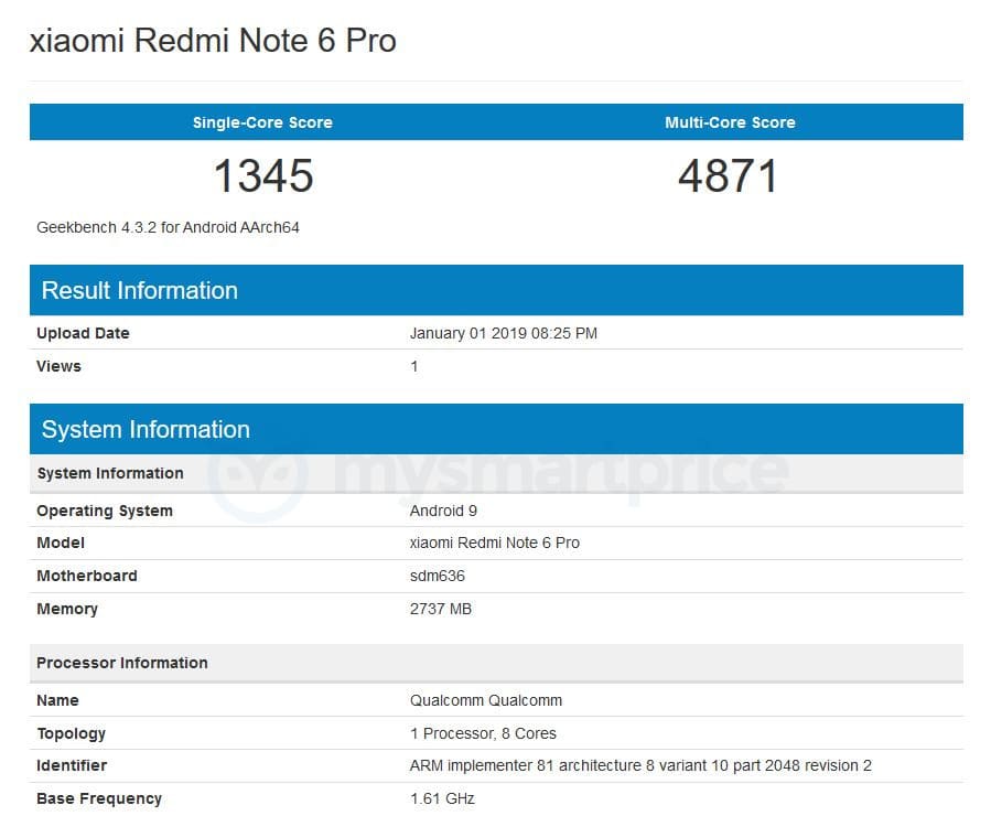 Xiaomi Redmi Note 6 Pro appare su Geekbench con Android 9 Pie