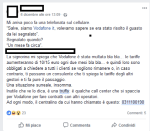 truffa call Center Vodafone Facebook