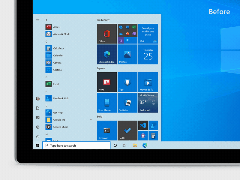 Windows 10 menù Start GIF