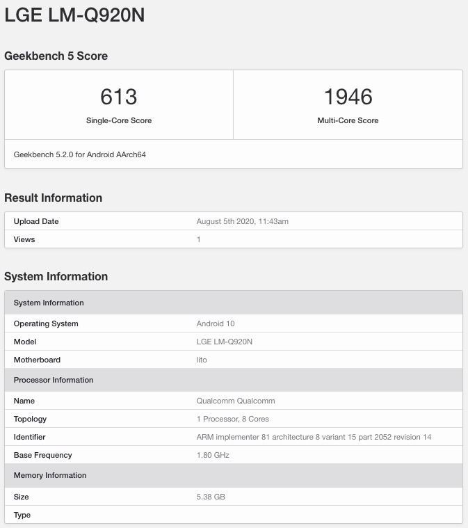 LG Q92 5G Geekbench