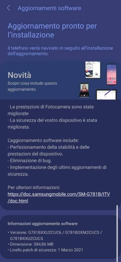 samsung galaxy s20 fe 5g aggiornamento marzo 2021