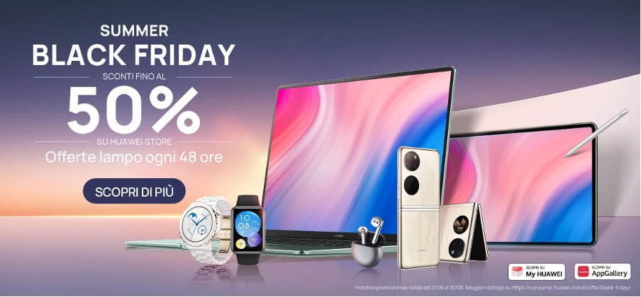 HUAWEI Matepad Paper è disponibile da oggi su Huawei Store al prezzo di 499,90 euro e fino al 29 giugno è possibile usufruire di un coupon sconto del 10%. Inoltre, fino al 15 luglio, si ottengono in omaggio le HUAWEI FreeBuds 4i . Partono oggi inoltre gli sconti dedicati al HUAWEI Store Summer Black Friday con tantissimi sconti fino al 50% e offerte lampo ogni 48h dedicate a tutti gli ultimi arrivi in casa Huawei: HUAWEI MateBook X Pro i7 16GB+512GB disponibile a 1099,99 euro invece di 1699 euro. In occasione dei flash sales del 21 e 22 giugno il laptop è disponibile al costo di 999,99. HUAWEI MatePad 11 6GB+64GB WIFI disponibile a 299,99 euro invece di 399,90. HUAWEI FreeBuds 4 Wireless Silver a 89,99 euro invece di 159 euro. HUAWEI P50 Pro nelle colorazioni Cocoa Gold e Golden Black disponibile a 899,99 euro invece di 1199,90, con custodia in omaggio. HUAWEI WATCH 3 Pro Classic disponibile a 299,99 euro invece di 499 euro, con Mini Speaker in omaggio. HUAWEI WATCH GT 3 Pro in versione 46mm con cinturino in pelle grigia è invece disponibile al prezzo di 369,90 euro con cinturino in omaggio, 12 mesi di estensione di garanzia e 70 euro di coupon su qualsiasi acquisto successivo su Huawei Store . E nelle giornate del 21 e 22 giugno incredibili offerte lampo su: HUAWEI MateBook D15 i5 8GB+256GB a 499,99 euro invece di 799 euro. HUAWEI WATCH GT2 46mm in versione Matte Black a 99,99 euro invece di 229,90 euro. HUAWEI MatePad Pro 12.6 disponibile a 549,99 euro invece di 799,90 euro. HUAWEI WATCH GT3 42mm in colorazione Gold a 199,99 euro invece di 299 euro. HUAWEI Sound Joy a 94,90 euro invece di 149,90 euro .