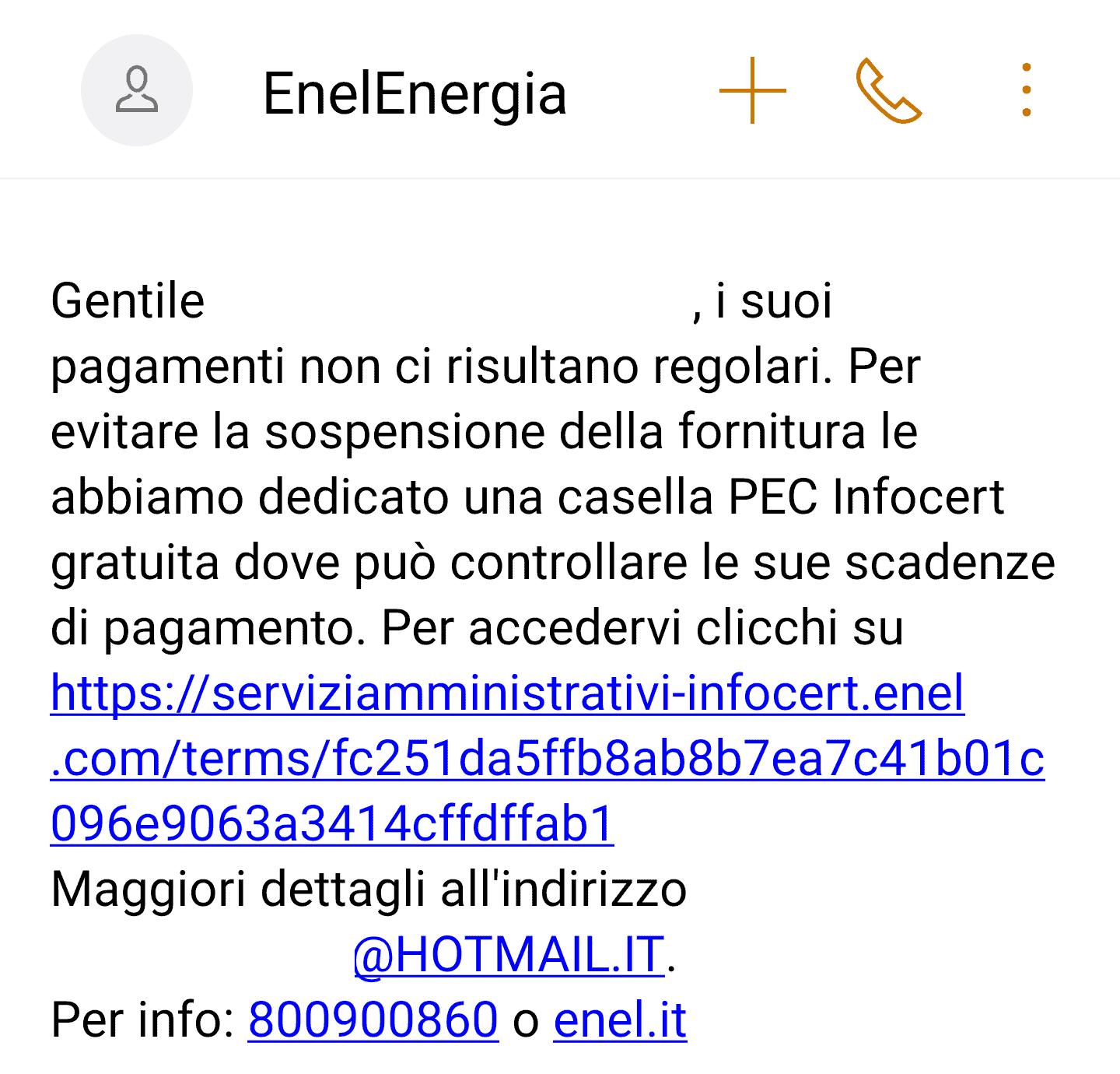 Sms di phishing a nome Enel