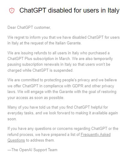 chatgpt blocco in Italia