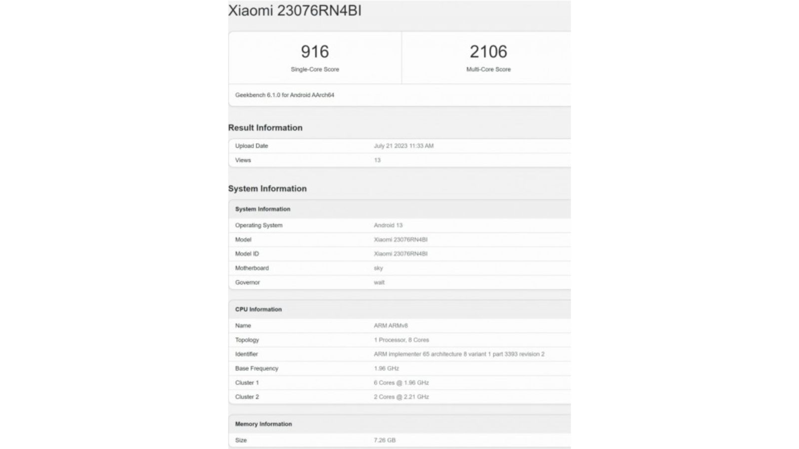 Xiaomi Redmi 12 5g Geekbench 2