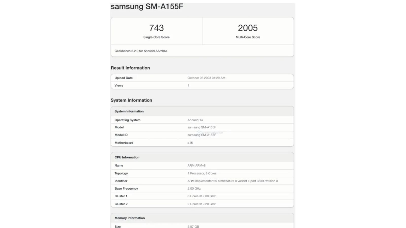 Samsung Galaxy a15 4g Geekbench 2