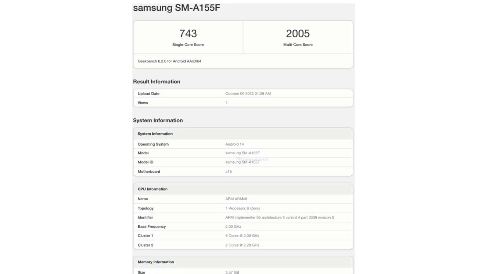 Samsung Galaxy a15 4g Geekbench 2